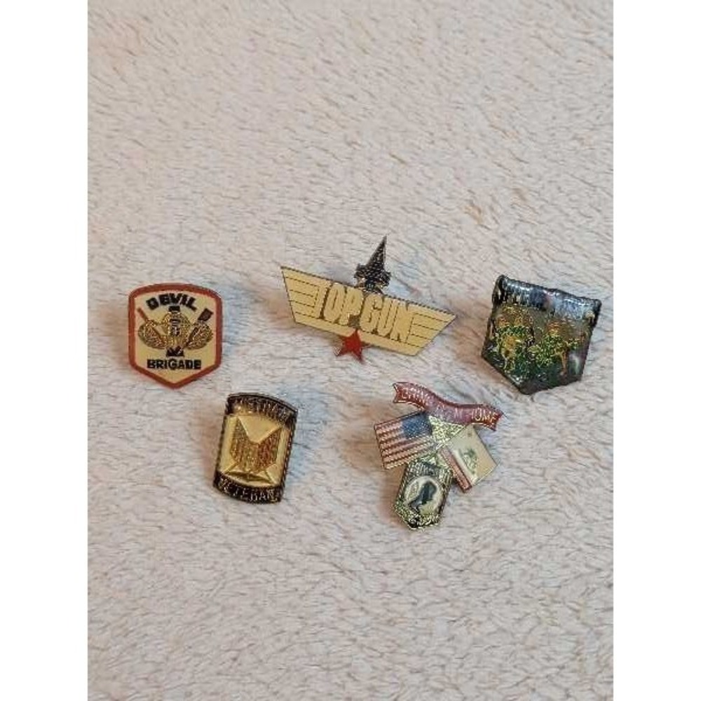 Lot of 5 Vintage Military Hat Lapel Pins - Devil Brigade Top Gun Veteran